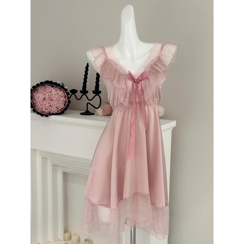 Pure Desire Style Satin Slip Nightdress Sexy Backless Lace Bow Polka Dot Lingerie Women