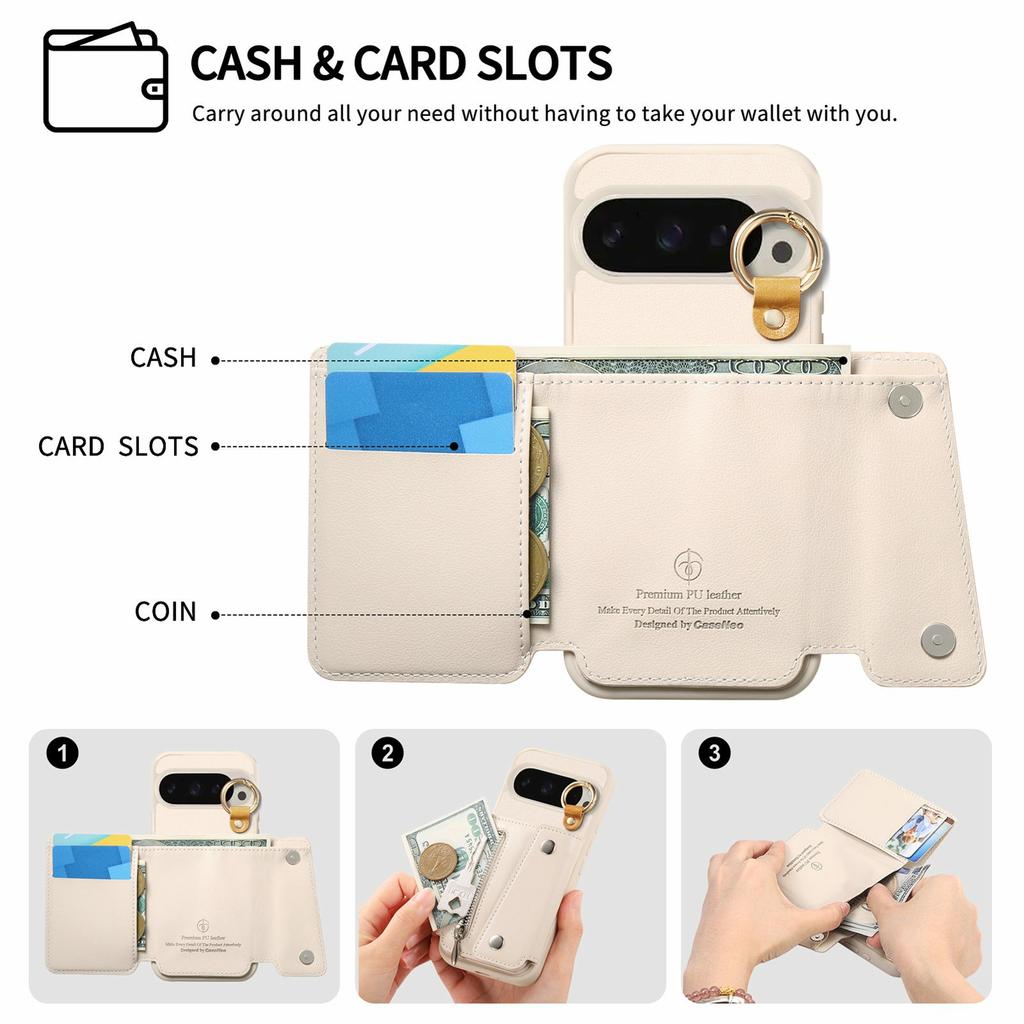 For Google Pixel 10 Pro XL/9 Pro XL Case D-Ring Holder Leather + PC + TPU Phone Cover with Wallet Kickstand