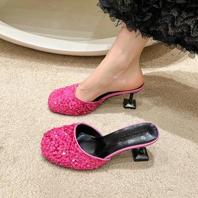 Bling Sequin Cloth Mules Shoes Women High Heels Close Toe Slides Elegant Ladies Pumps For Party Dress Shoes Female Shallow