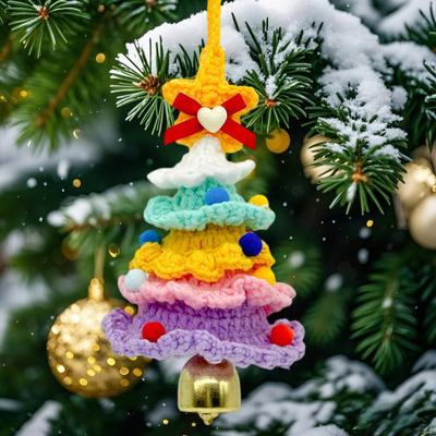 Handmade Knitted Christmas Tree Ornament with Multi-Layered Crochet Design Golden Bells Star Top Pom Pom Decor Holiday Decor