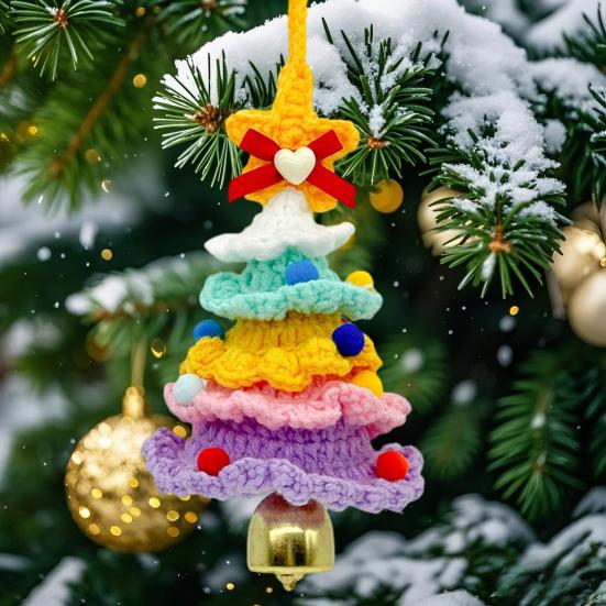 Handmade Knitted Christmas Tree Ornament with Multi-Layered Crochet Design Golden Bells Star Top Pom Pom Decor Holiday Decor
