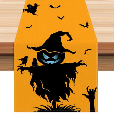 1pc Orenge Halloween Table Runner with Ghost Bats Pattern Waterproof Durable Tablecloth for Halloween Dining Room Decoration