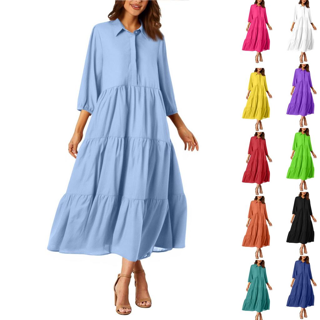 Women's Casual Fashion Shirt Dress Button Collar Flowing Maxi Dress
