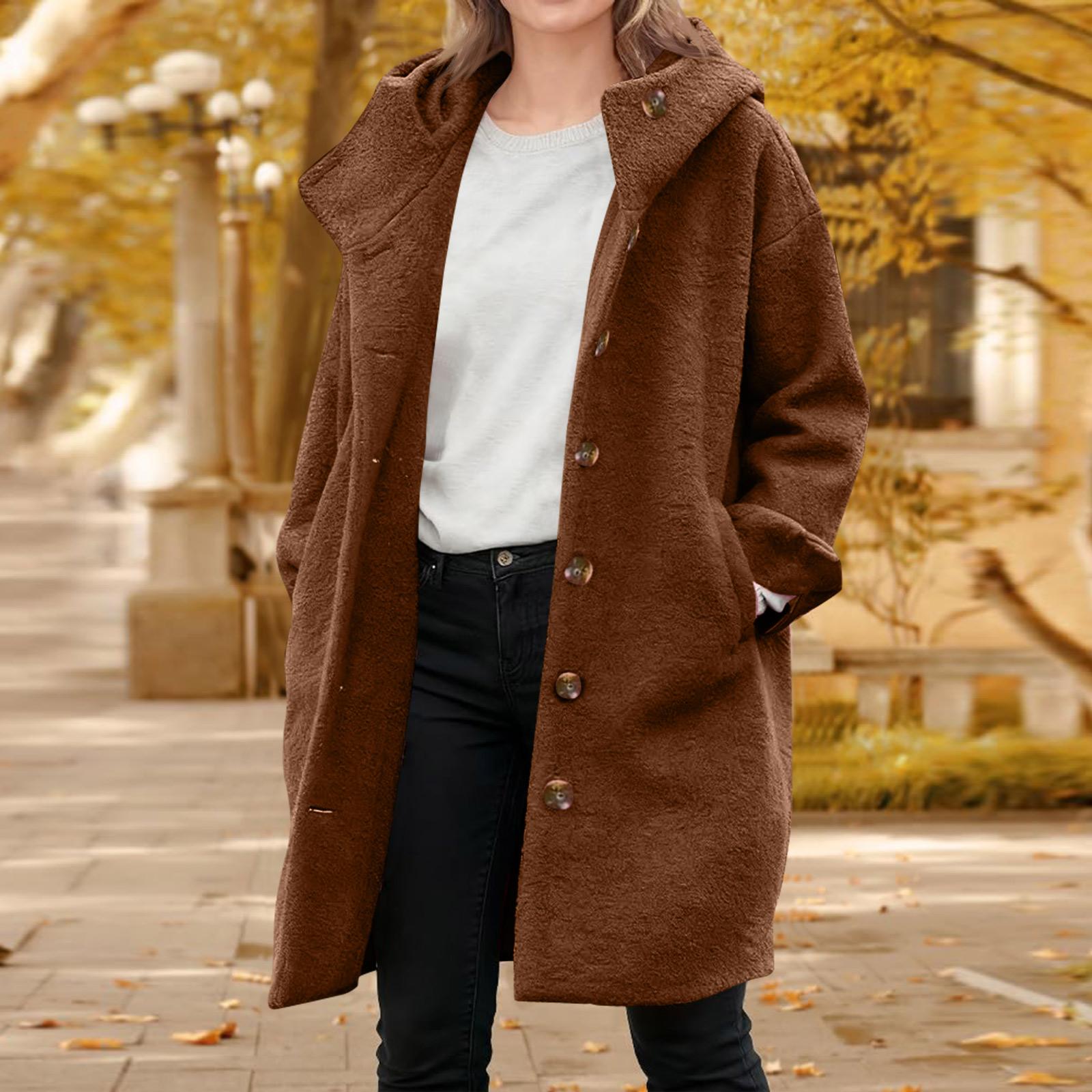 

Womens Color Jacket Casual Loose Fit Button Coats Button Up Long Sleeve Outerwear With Pocket, Hooded Overcoat L кофейный
