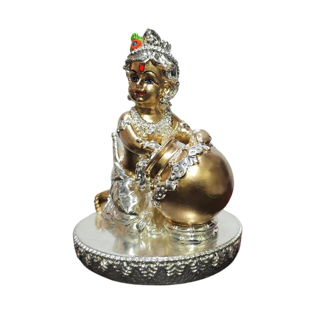 Makhan Krishna Idol Silver with Gold Antique Detailing, Ideal for Home Decor, Mandir, Puja Room | Makhan Chord | Laddu Gopal (4x3)