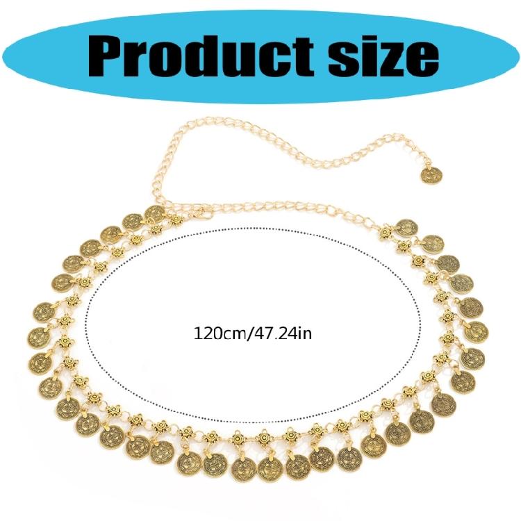 Waist Chain with Shaking Metal Coins Ethnic Style Belt Elegant Beach Party Jewelry Body Accessory for Music Festivals