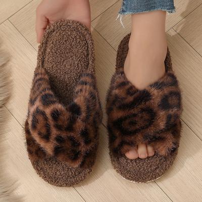 New Season Leopard Print Thick-bottomed Fluffy Slippers Women's Fashion Home Fluffy Cotton Slippers