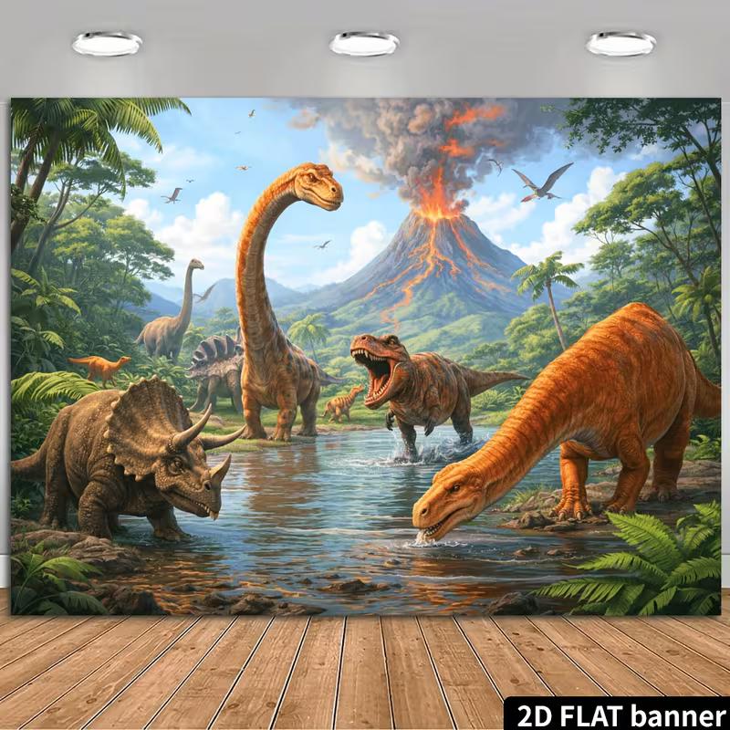 2D Natural Tropical Jungle Dino Volcanic Landscape Kids Party Photography Backdrop