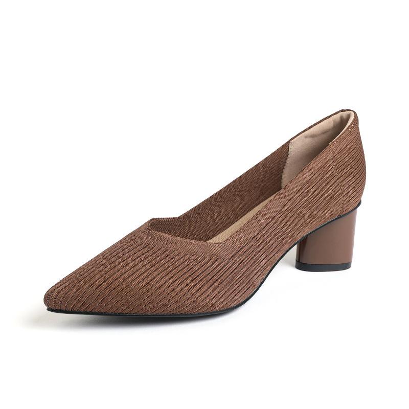 Fashion 2025 Pointed Toe Middle Heel Breathable Comfortable Knitted Shoes Women Shallow Mouth Chunky Heel Fashion Zapatos De Mujer Pumps
