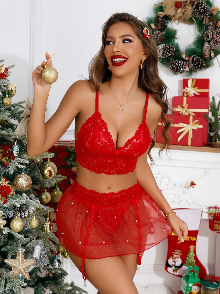 Popular Christmas Sex Suspender Dress Mesh Sexy Temptation Three-piece Set