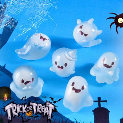 6Pcs Luminous Mini Resin Ghost Figurines Glowing Halloween Ornaments Small Ghost Micro Miniature Statue for Outdoor House Landscape Party