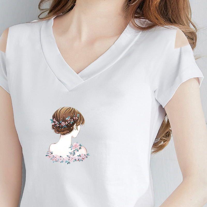 Top a maniche corte con spalle scoperte T-shirt moda chic da donna con scollo a V Streetwear