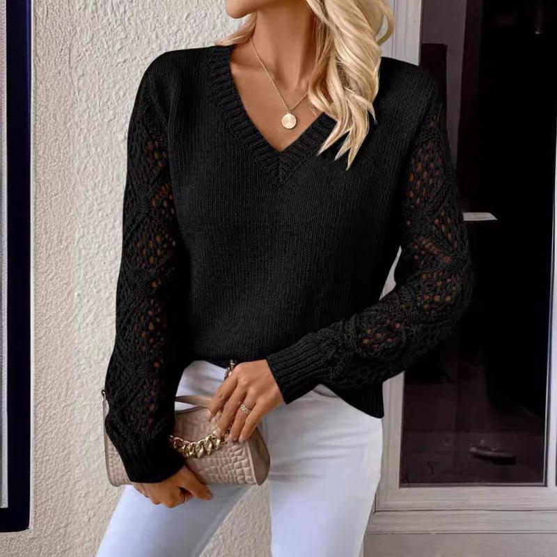 2026 Spring and Autumn New Hollow Knit Sweater for Women, V-neck Pullover, Long Sleeve