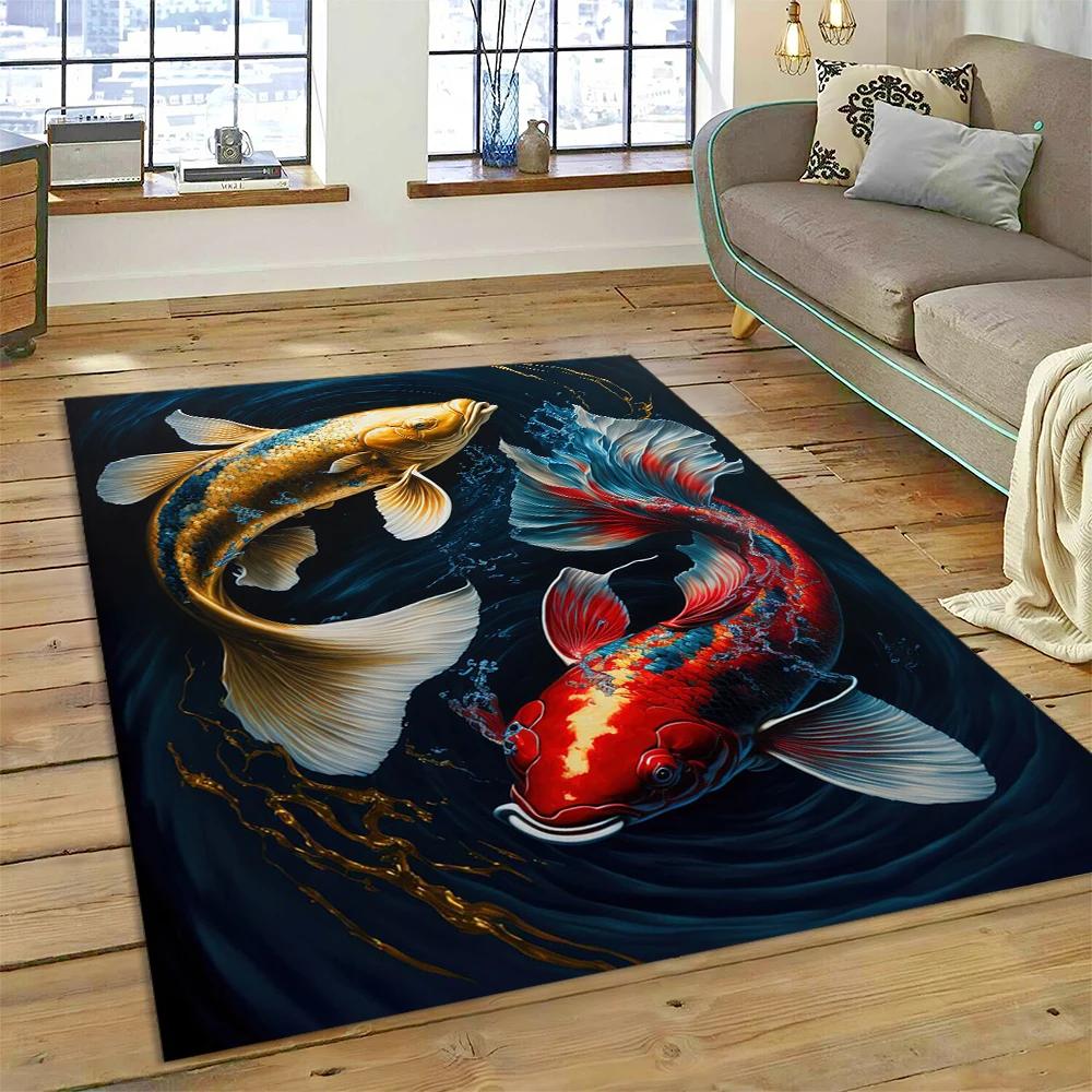 Koi Carp Naturalize Yin Yang Fish Cartoon Carpet Rug for Home Living Room Bedroom Sofa Doormat Decor,Kids Area Rug Non-slip Mat