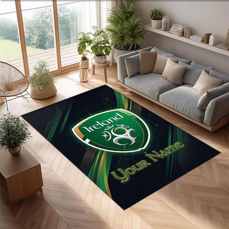 Ireland Rugby Crystal Velvet Rug, Custom Name Text Personalized Non‑Slip Floor Mat for Home Decor Gift
