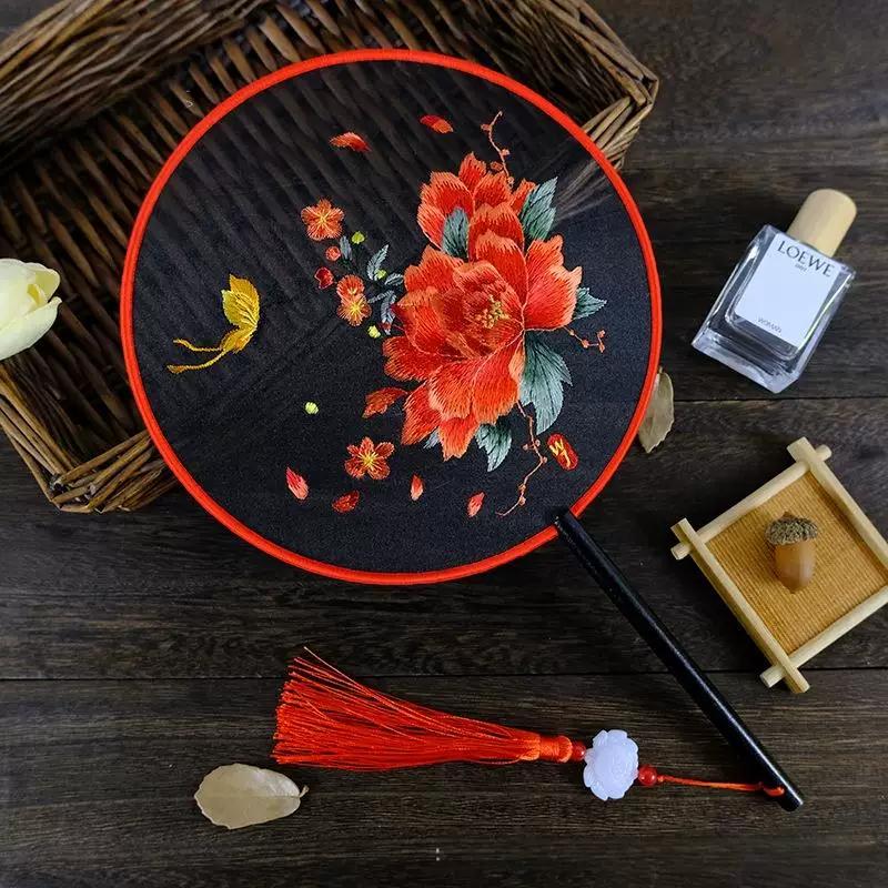 Ancient Style Round Fan, Chinese Style Suzhou Embroidery, Double-Sided Embroidery, Pink Fairy Fan, Embroidery Craft Fan, Dance Fan, Hanfu Round Fan