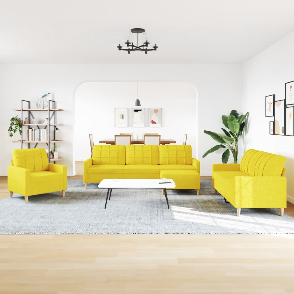 4 Piece Sofa Set with Footstool Light Yellow Fabric