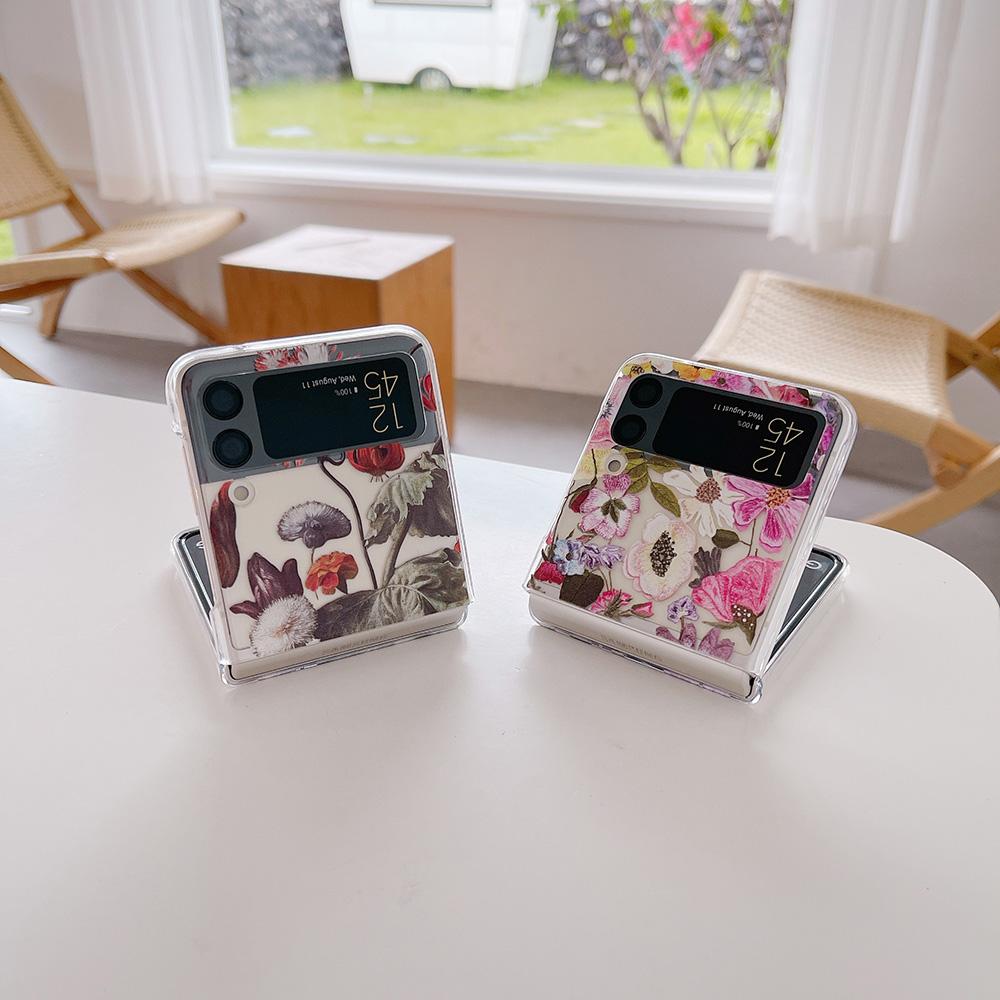 Niedliche Retro-Ölgemälde-Blumenmuster-Handyhülle für Samsung Galaxy Z Flip 4 3 5g, transparente Hart-PC-Abdeckung
