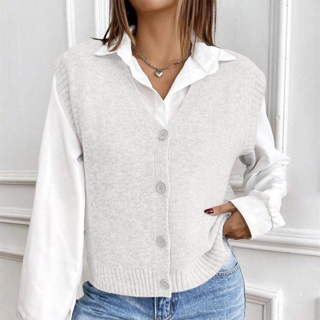Women's Loose Knitted Vest V-Neck Solid Color Sweater
