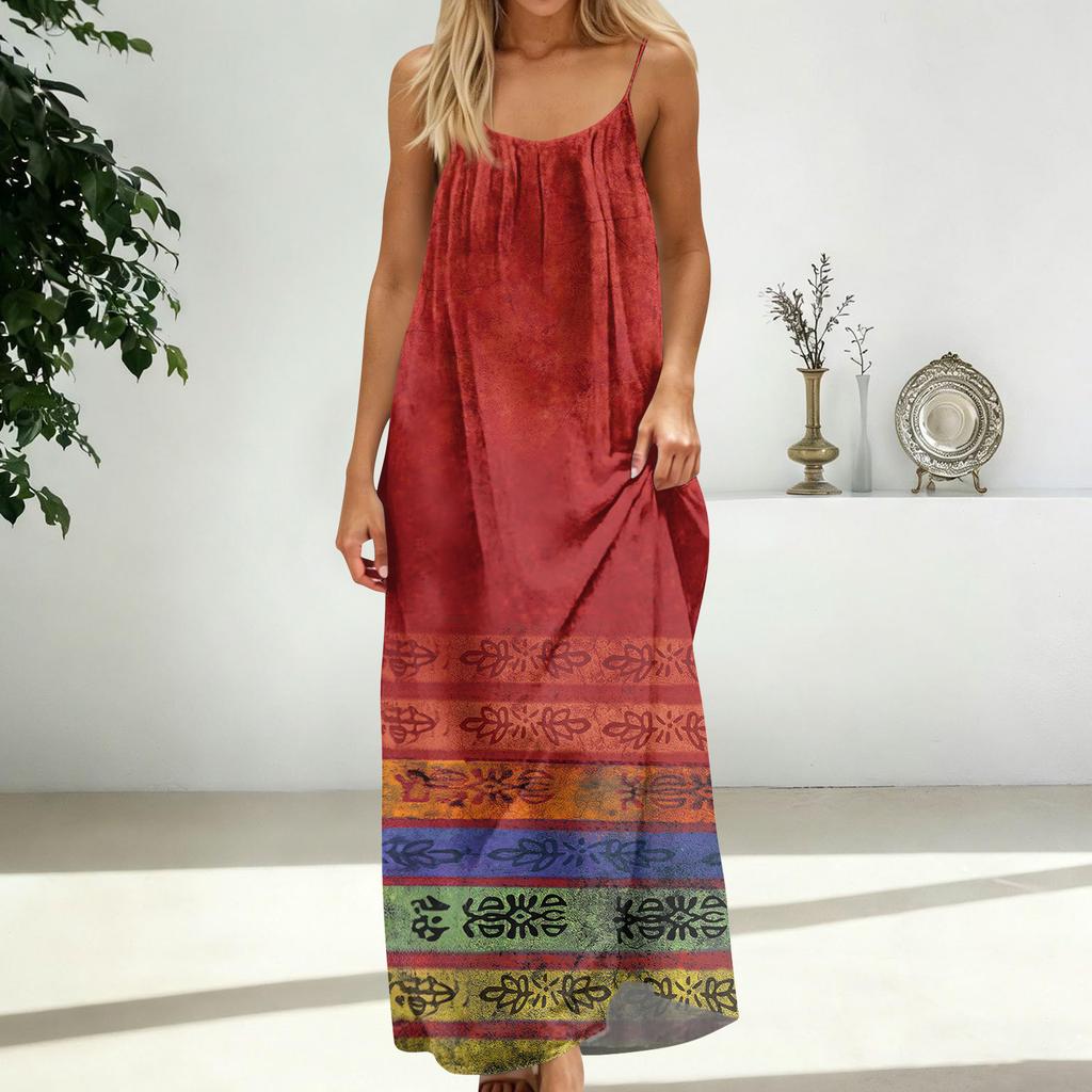 Women's Fashion Backless Spaghetti Strap Casual Loose-Fit Vintage Print Dress