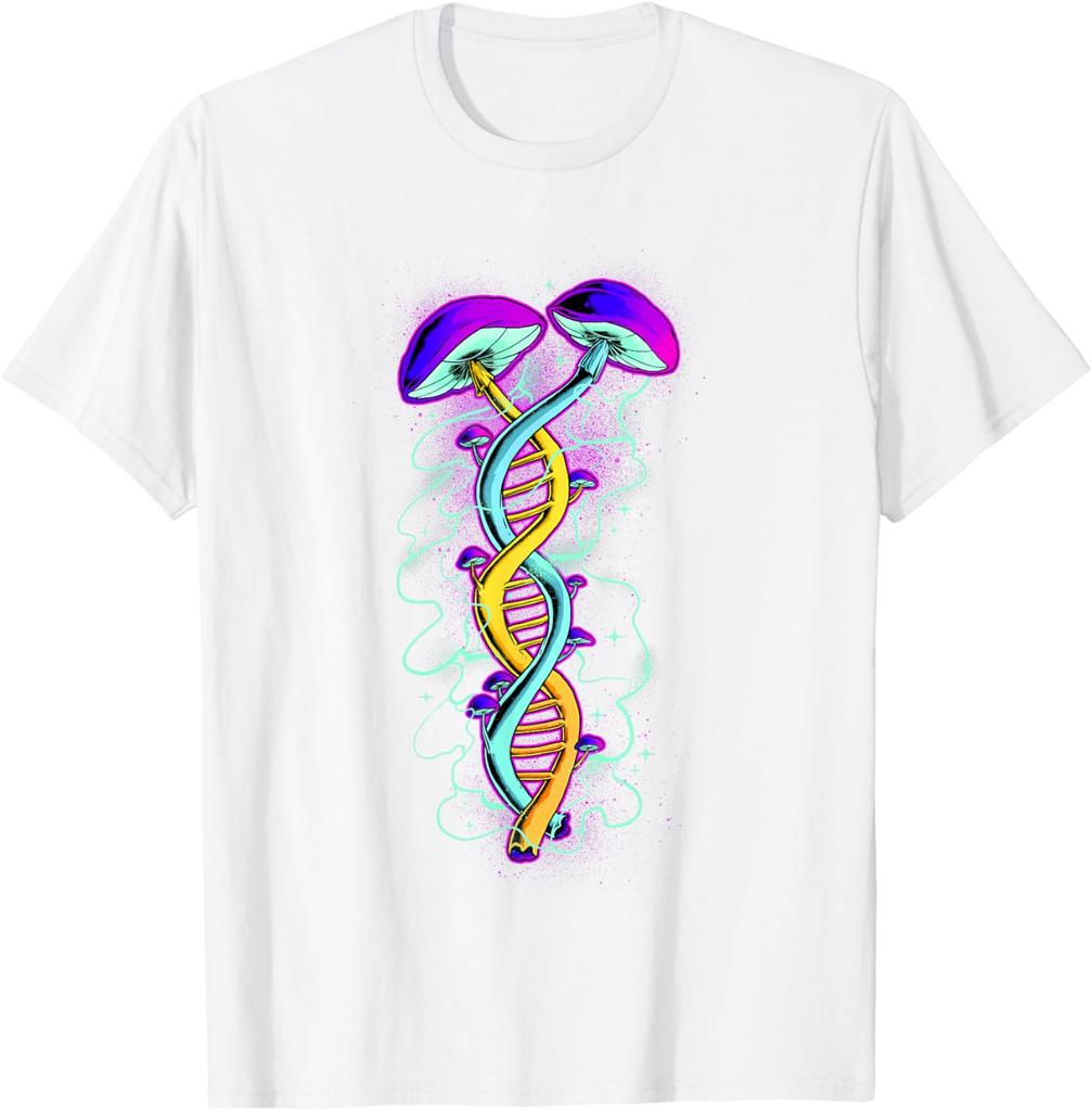 Psychedelic Mushroom DNA Double Helix Graphic Tee Men Casual Trip Breathable T-Shirt