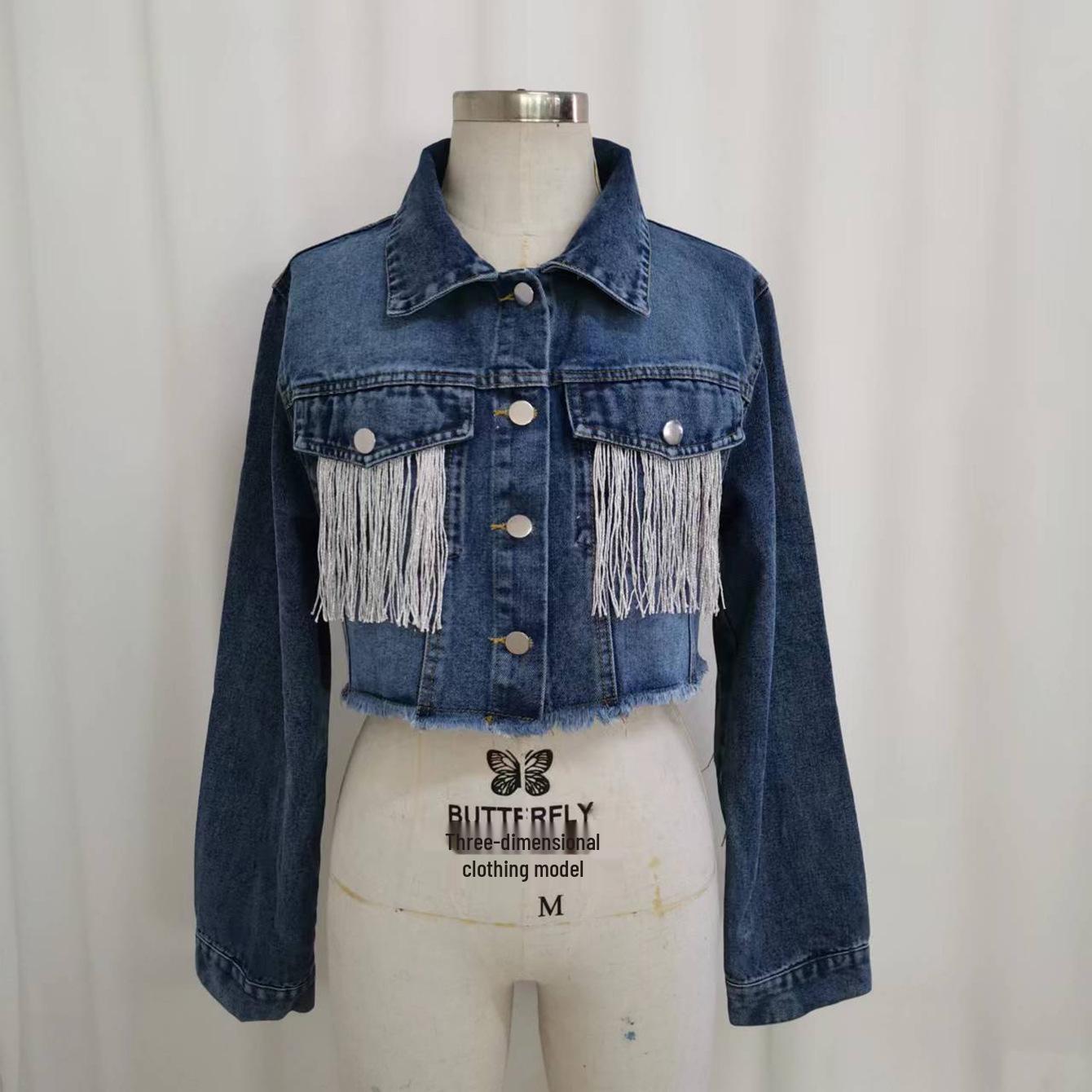 

Women s Fashion Patchwork Distressed Denim Jacket with Tassels Medium