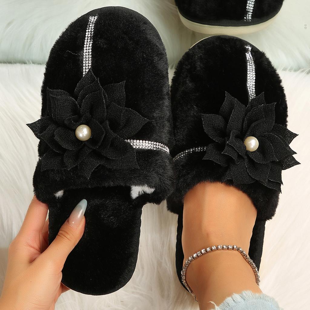 fashion Fashion Flower Decor Furry Slippers Women Crystal Warm Fur Home Cotton Shoes Woman 2024 Winter Comfort Soft Sole Plush Slides