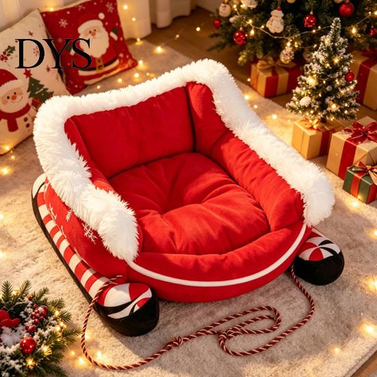 Holiday Sleigh Pet House Christmas Dog Bed with Non Slip Base, Plush Calming Sofa High Resilience Foam Lounger for Indoor Outdoor, Fun Cats