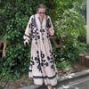 Lady Spring Maxi Dress V Neck Retro Contrast Color Printed Long Sleeves Loose Single-breasted A-line Patchwork Casual Daily Dress
