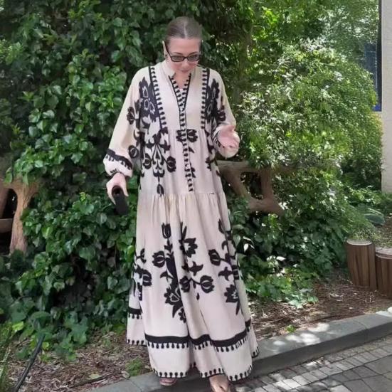 Lady Spring Maxi Dress V Neck Retro Contrast Color Printed Long Sleeves Loose Single-breasted A-line Patchwork Casual Daily Dress