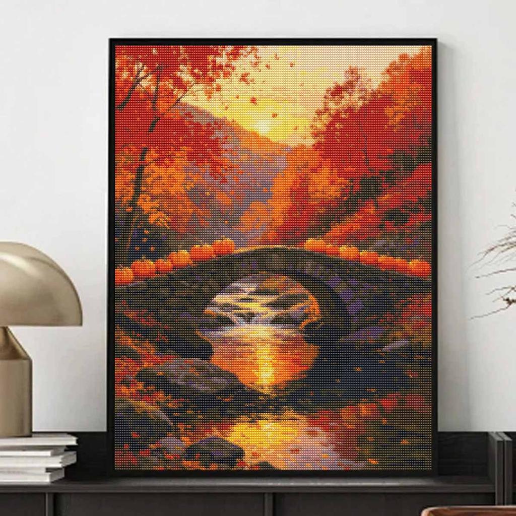 Halloween diamond painting kit handmade diy painting home decoration painting autumn landscape pumpkins on stone bridge sunset scene