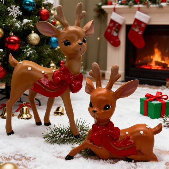 Vintage Spotted Deer Ornament Resin Sika Deer Figurine with Red Bow Cute Deer Statue for Christmas Decoration Table Centerpiece