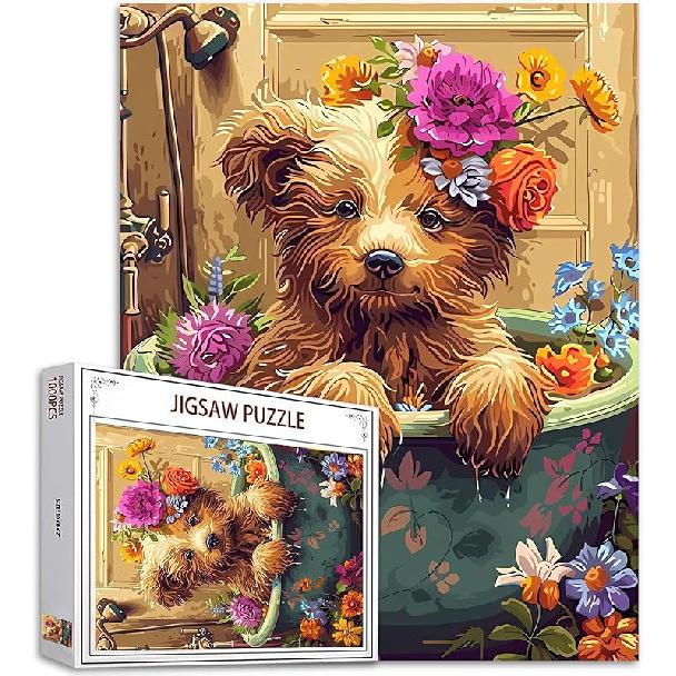 Adorable Pig in Bathtub Jigsaw Puzzle 1000 Pieces Puzzles for Adults, Farmhouse Animal Flowers Jigsaw Puzzles for Challenging Family Activity Games