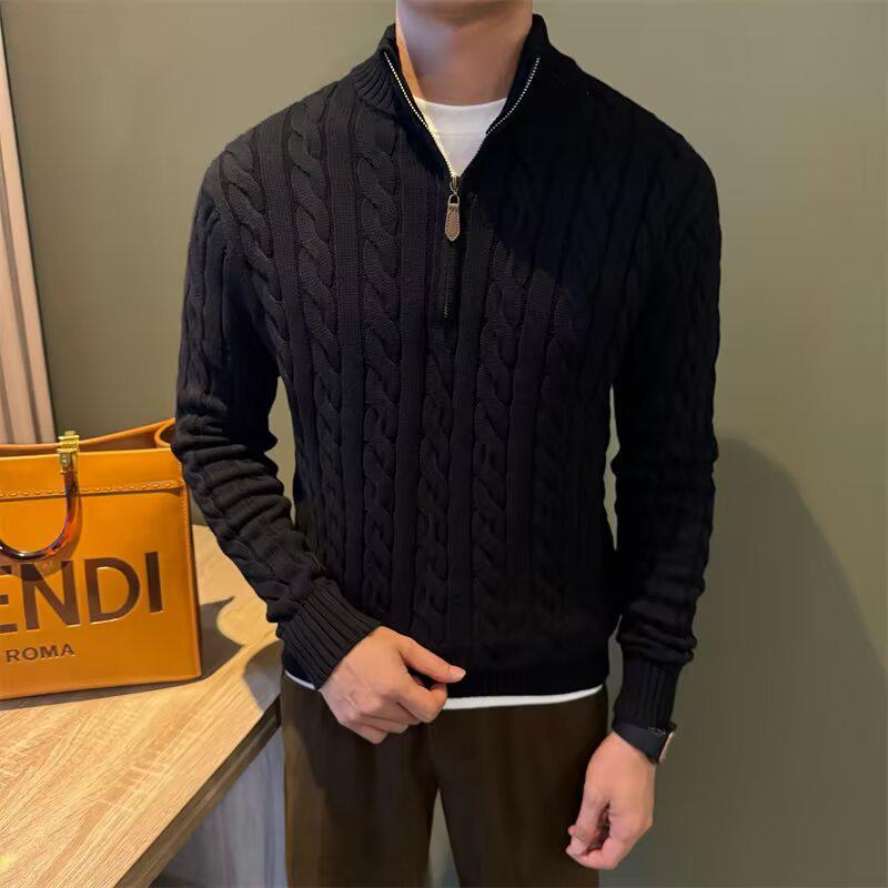 

Мужской свитерок-поло с молнией и косами в стиле Old Money - Осенне-зимний тяжелый Аранский с воротником-стойкой M чёрный