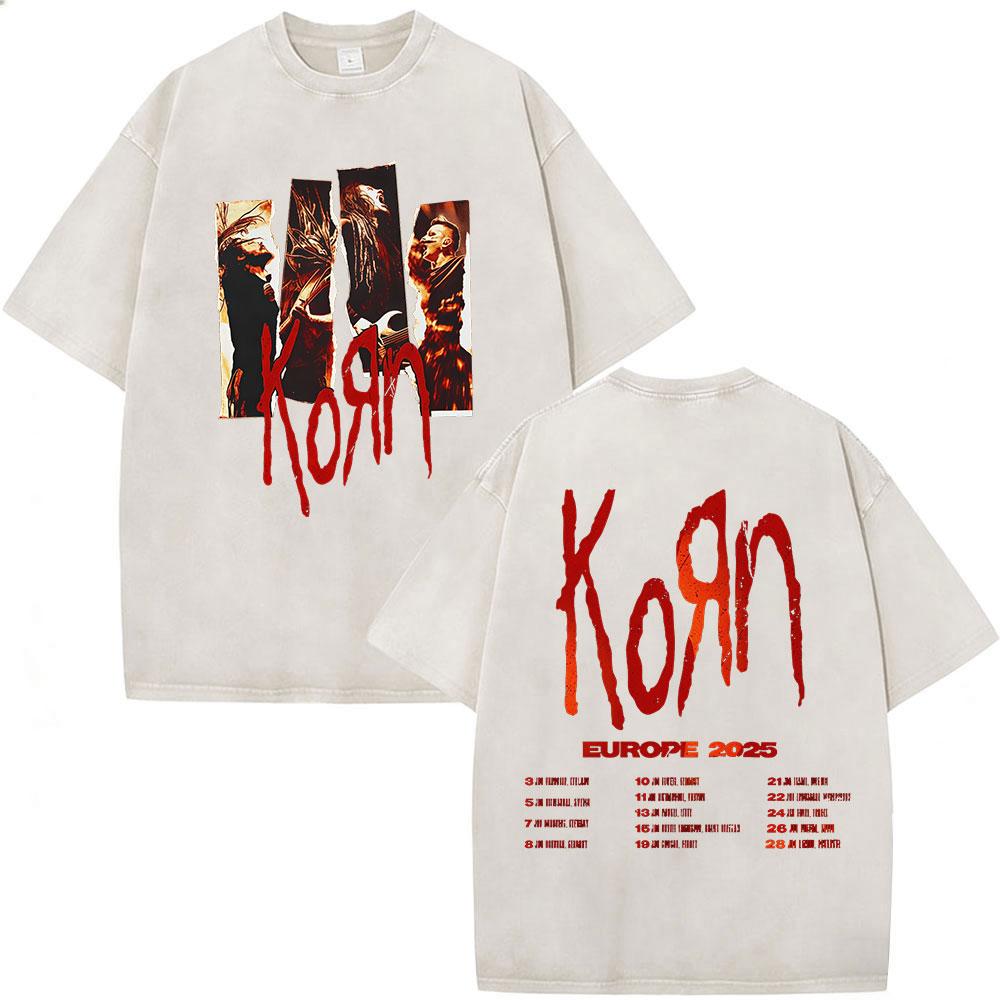 Korn Europe Tour Vintage Washed T Shirt Fan Gifts Metal Gothic Rock Band Tshirts Mens Clothing Casual Short Sleeve Tshirt