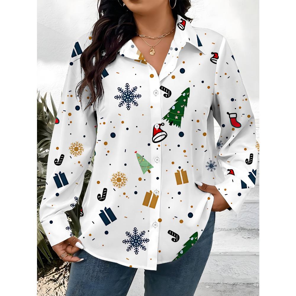 New Large Size Women's Long Sleeve Printed Shirt, Fashion Casual Button Up Lapel Shirt Women's Shirt