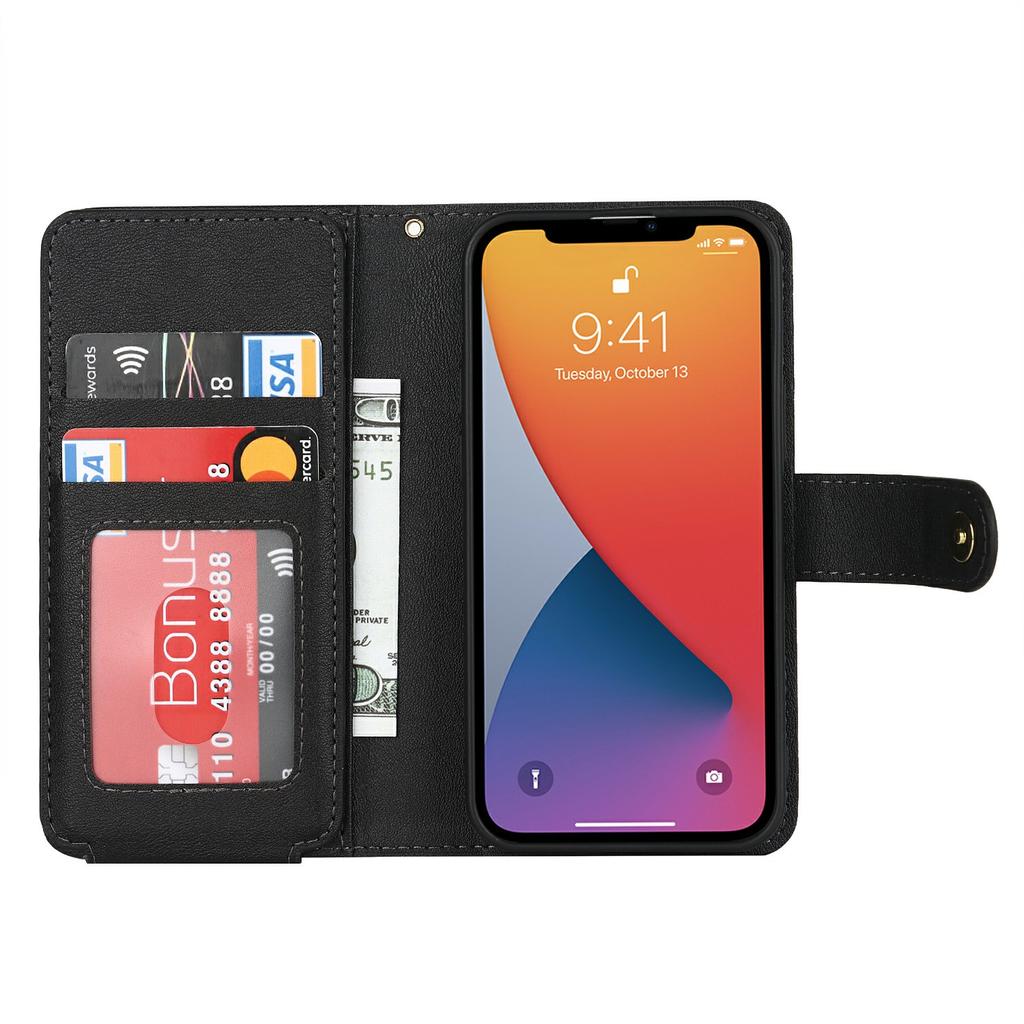 For iPhone 13 Mini Stand Case PU Leather Phone Cover with Straps/Zipper Wallet/Multiple Card Slots