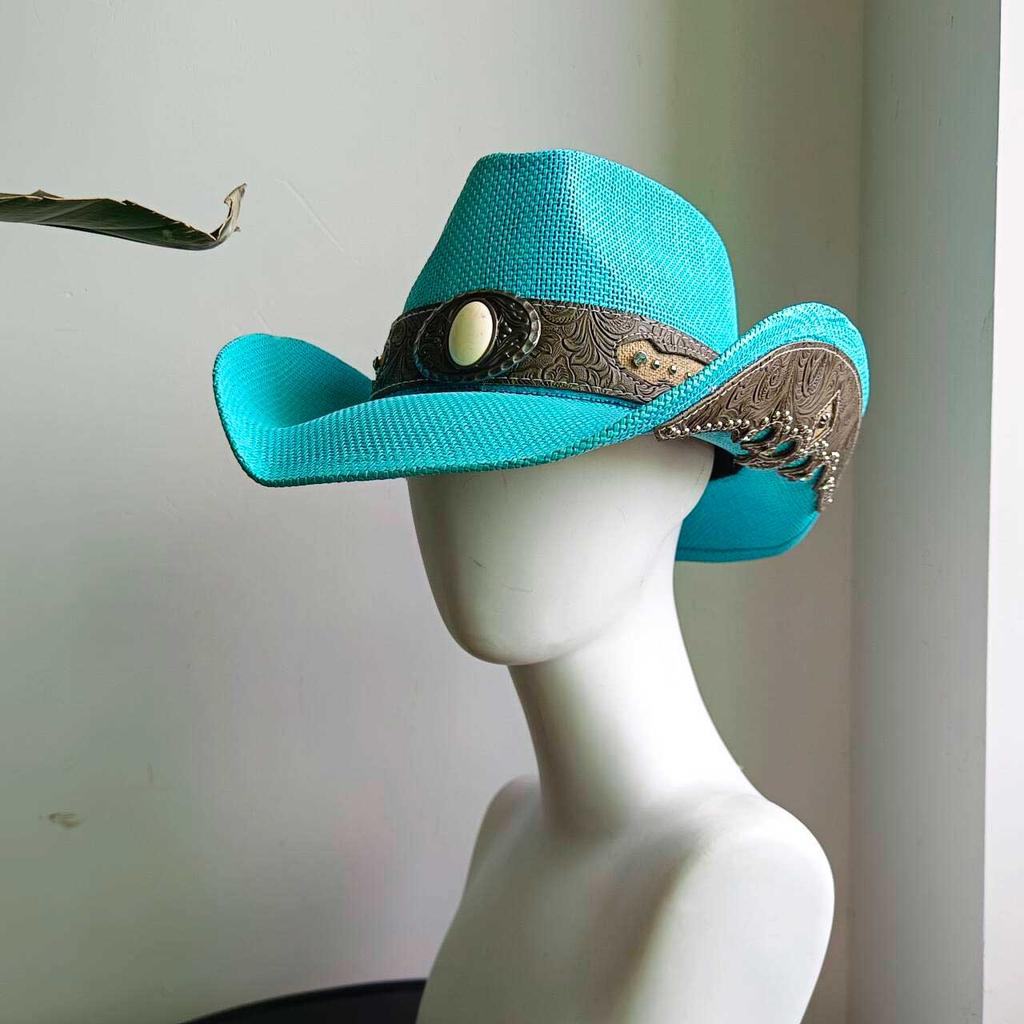 Cappello di paglia con tesa larga e bordo arricciato Cappello di paglia stile cowboy occidentale per uomo e donna protezione solare estiva da spiaggia cowboy