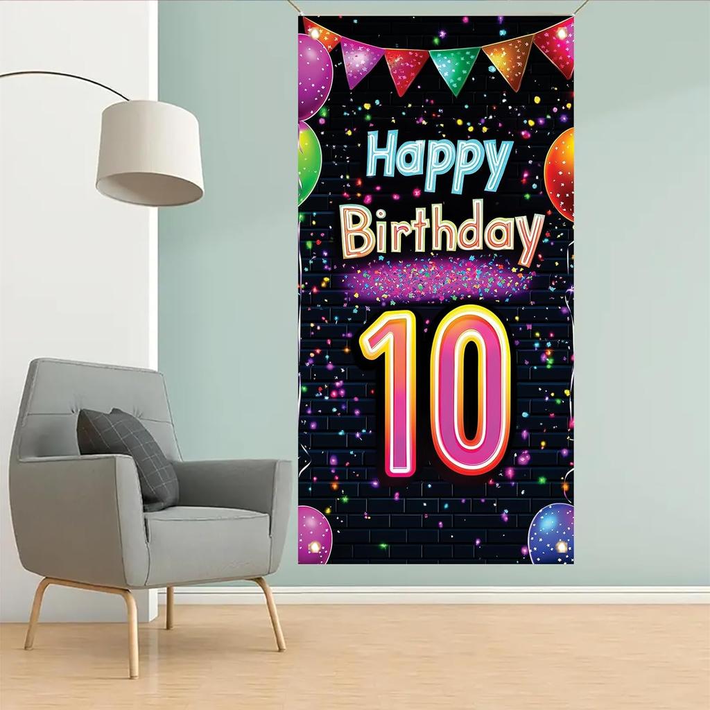 10th Birthday Door Cover Decoration 71 x 35 Inch Colorful Balloons and Lights Banner for Kids Happy Tenth Birthday Party Supplies Photo Backdrop Wall