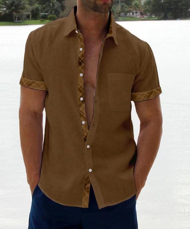 

2026 Summer European/American Men s Short Sleeve Color Block Turn-Down Collar Shirt XL