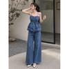 Costume en jean rétro français pour femme Xia Xin taille fine bretelles volants haut pantalon large taille haute ensemble deux pièces