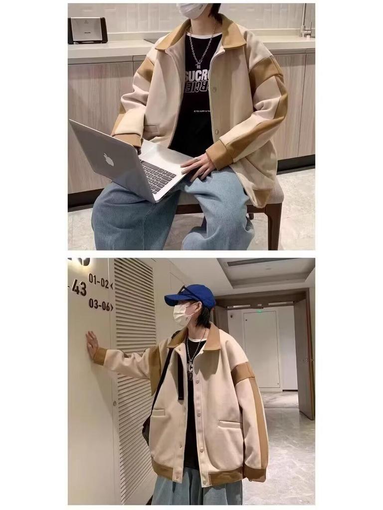 Men's Oversized Patchwork Wool Coat – Hong Kong Style Loose Fit Lapel Jacket, Trendy Korean Casual Design