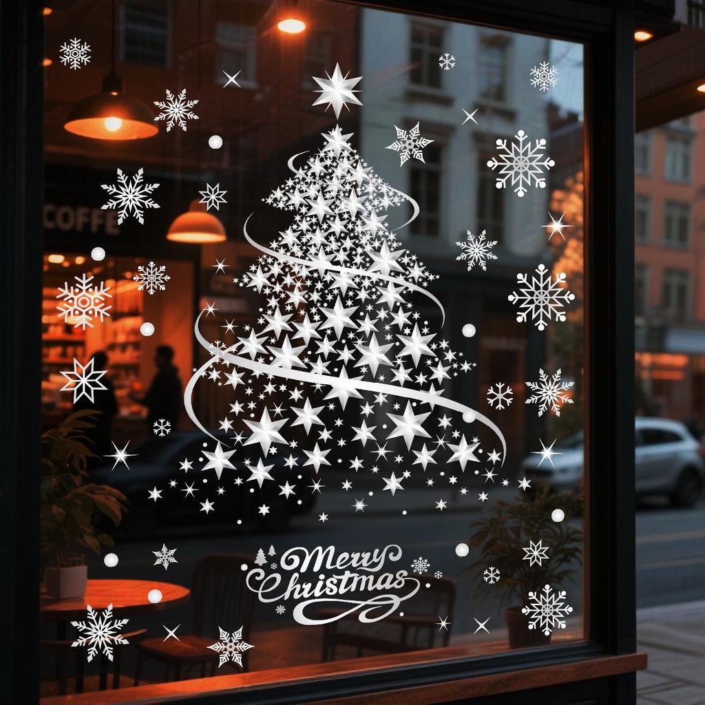 Gold and Silver Christmas Tree Stickers: Electrostatic Snowflake Window Clings for Festive Glass Decoration