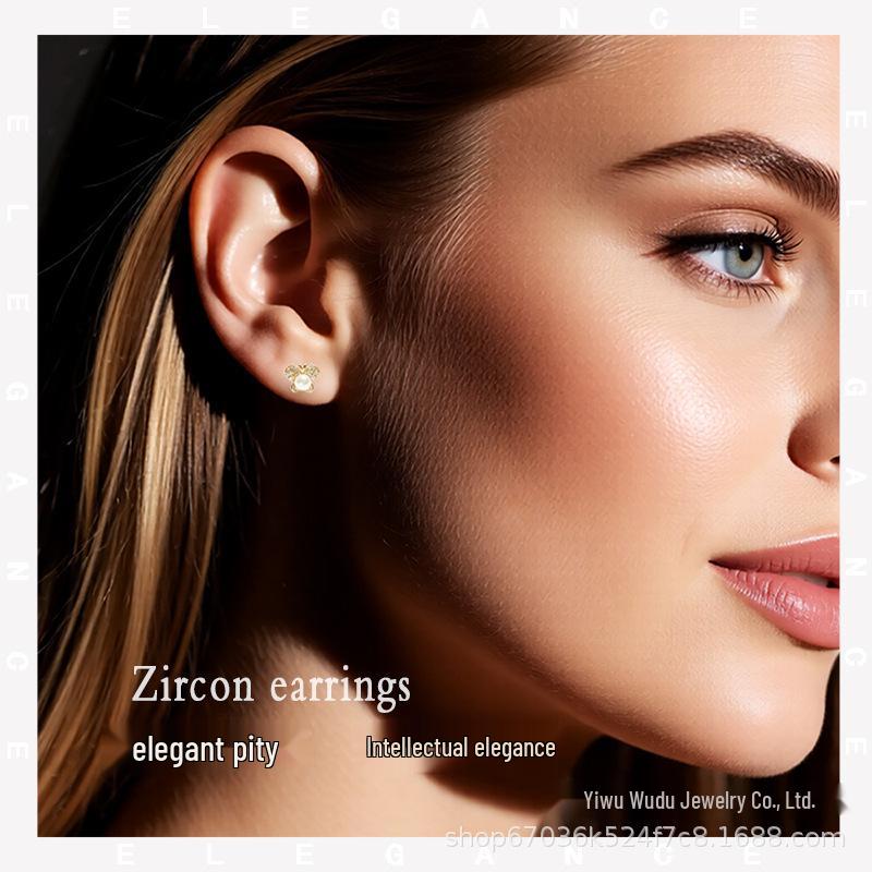 Korean Micro-Inlaid Zircon Pearl Stud Earrings with Diamond-Inlaid Shell and Butterfly Accent Copper Micro-Inlaid Zircon Stud Earrings