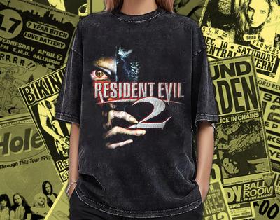 T-shirt Vintage Lavé Resident Evil 2: T-shirt Lourd Coton Unisexe Visage de Zombie RE002