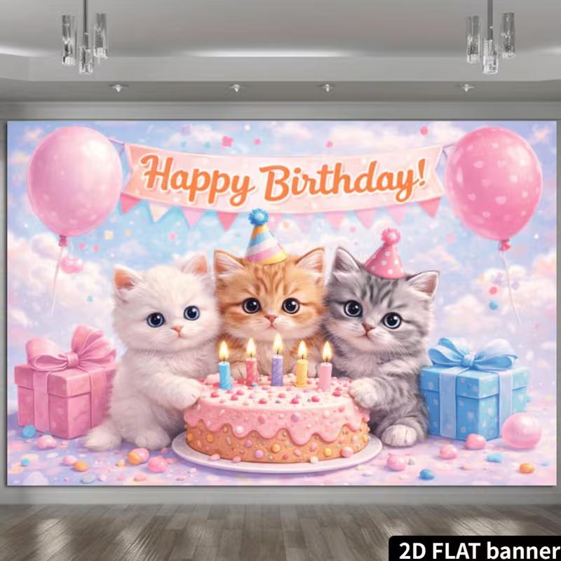 Banner Sfondo 2D Gatto e Torta Buon Compleanno Rosa Blu Festa Photo Booth Sfondo