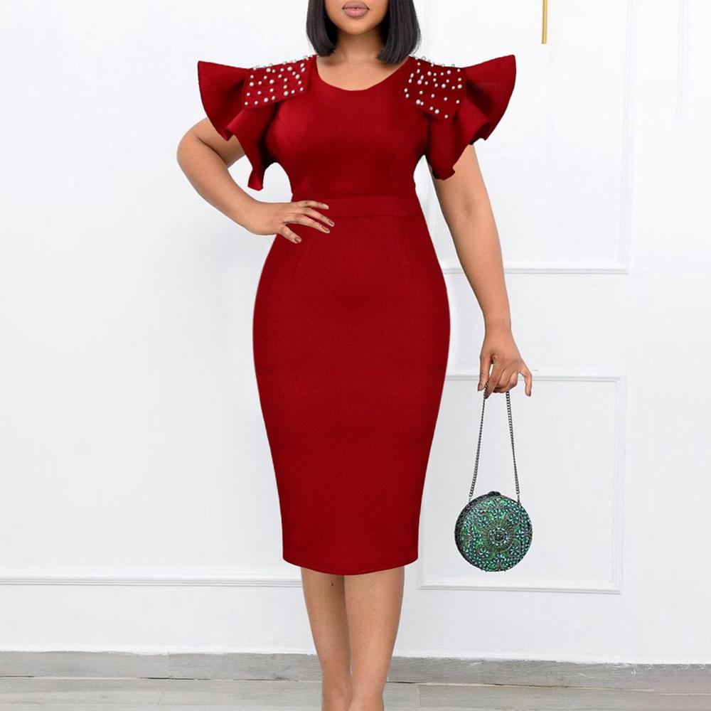 Ruffles Sleeve Solid Beaded Dresses Women 2026 New O Neck Package Hips Mid Calf Elegant Birthday Party Dinner Vestidos Mujer