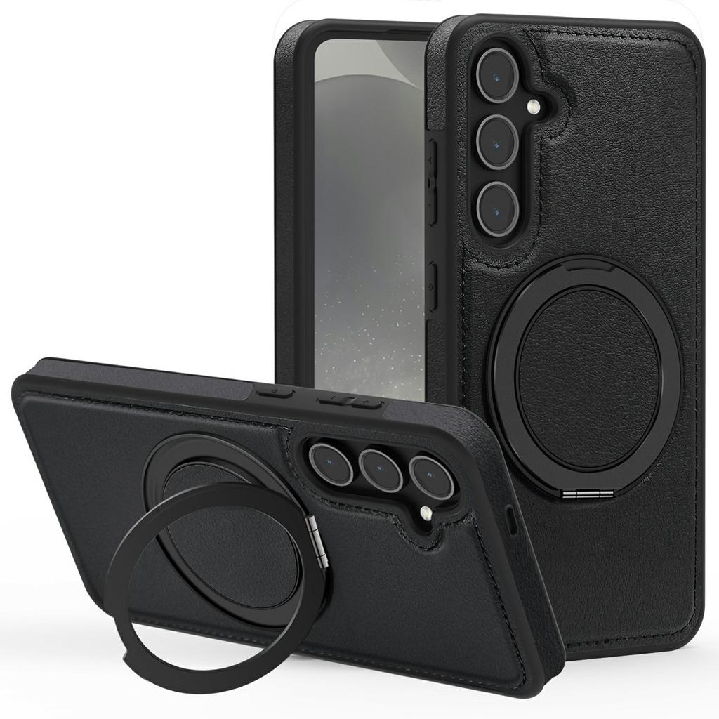 For Samsung Galaxy S25 Case with Ring Kickstand Magnetic Case PU Leather Back Cover