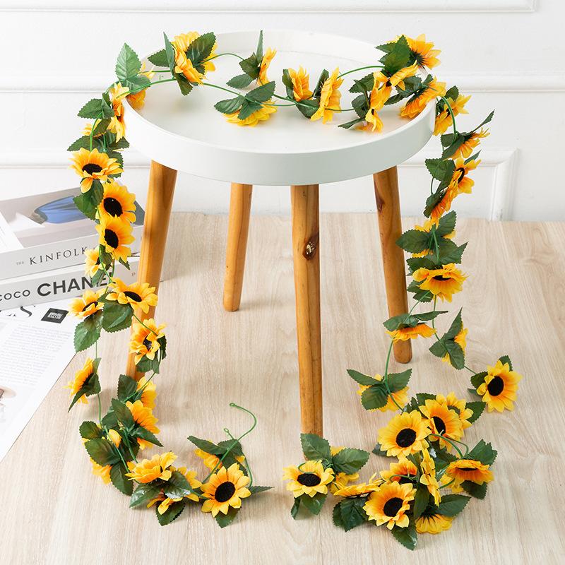 Fake Silk Flowers for Party Wedding Home Decoration Yellow Dynamic Sunflower Vine Hanging Artificial Flowers Garland Leaves