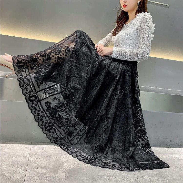 Damen A-Linien langes Kleid Saum Gaze Hohl Plissee Rock Büro Casual Rock Spitzenrock